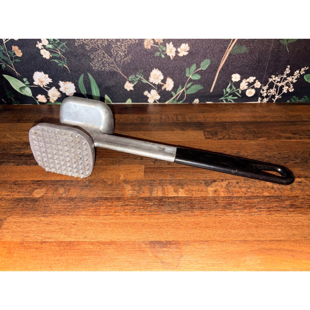 Vintage Aluminum Dual Sided Meat Tenderizer Mallet Hammer Black Handle 10.75"